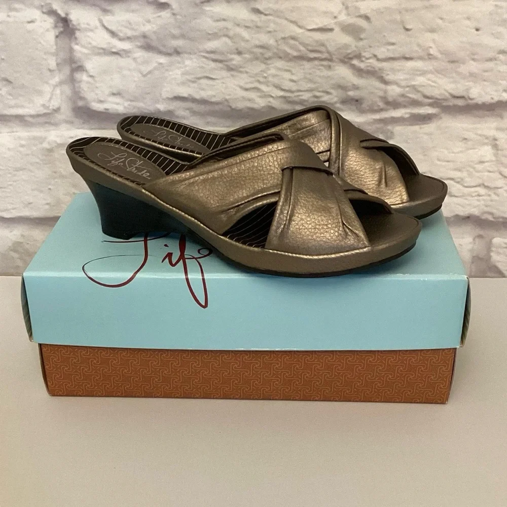 Life Stride Bronze Metallic Slip-On Heeled Sandals